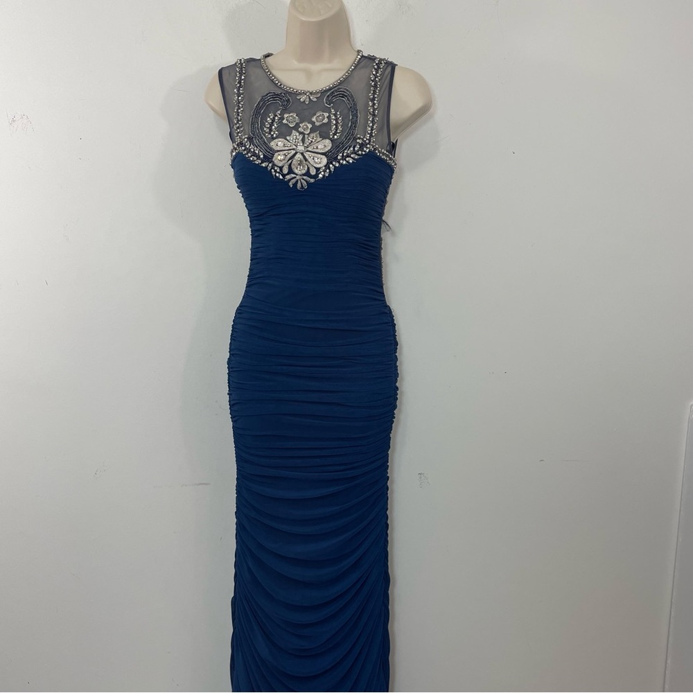 Jovani Ruched Evening gown Dress Embroidered Rhinestons size 00 pageant Blue - Picture 3 of 13